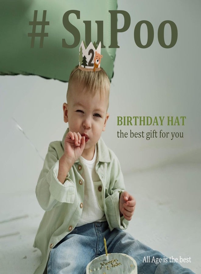 SuPoo 2nd Birthday Decorations for Boy Bear 2nd Birthday Hat Headband Animals Crown Tiara with Elastic Band 2 Year Old Happy Party Cap Decorations Supplies Photo Prop - Image 2